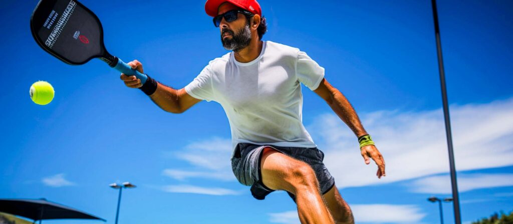Man playing pickleball outdoors in athletic gear.